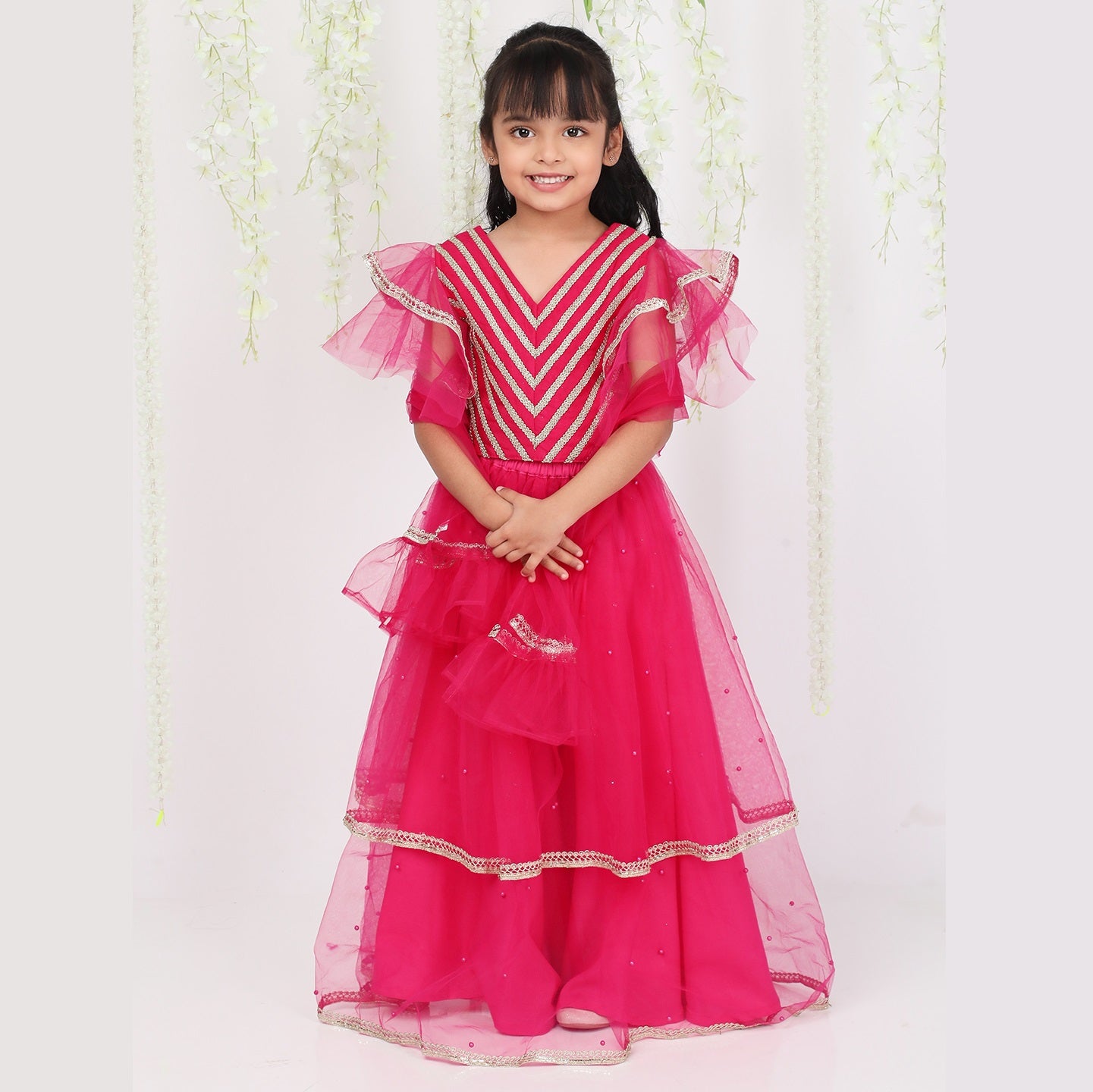 Hot Pink & Gold Choli With Lehenga  & Dupatta - Mitthu Kids Ethnic Wear