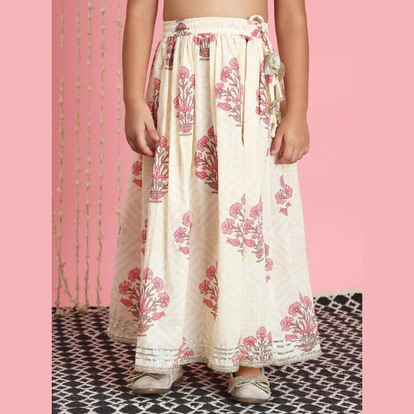Straight Style Cotton Fabric Cream Color Lehenga Choli With Dupatta - Infant - Mitthu Kids Ethnic Wear