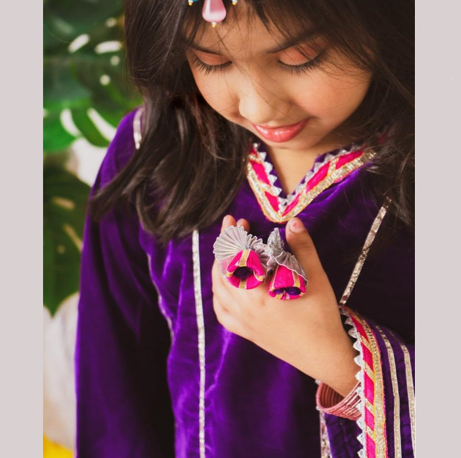 Girls Purple Velvet Kurta Pants with dupatta - Mitthu Kids Ethnic Wear