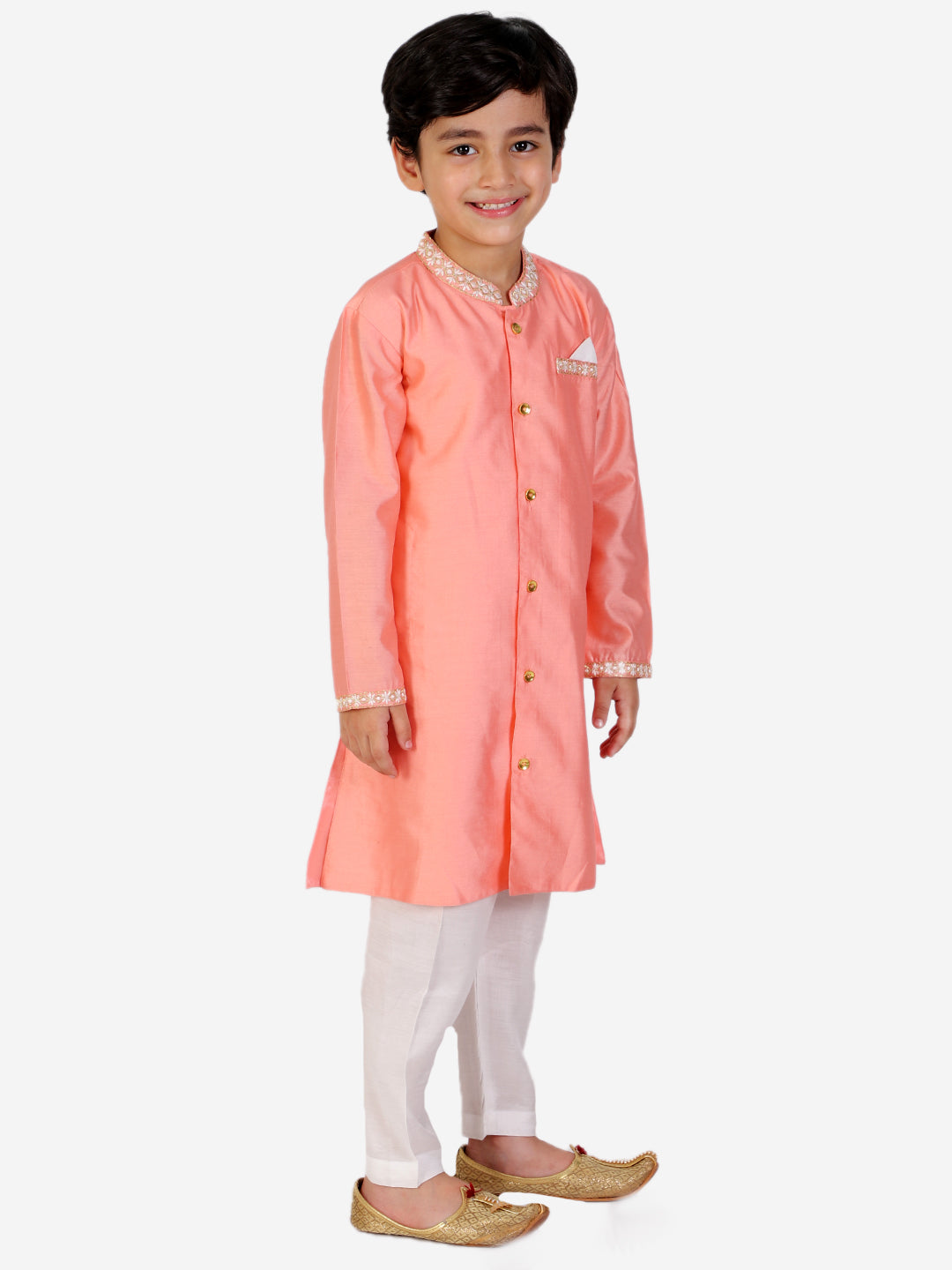 Peach Sherwani Style Kurta Pyjama - Mitthu Kids Ethnic Wear