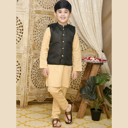 Golden Cotton Kurta With Black Jaquard Jacket And Pyjama - Mitthu Kids Ethnic Wear