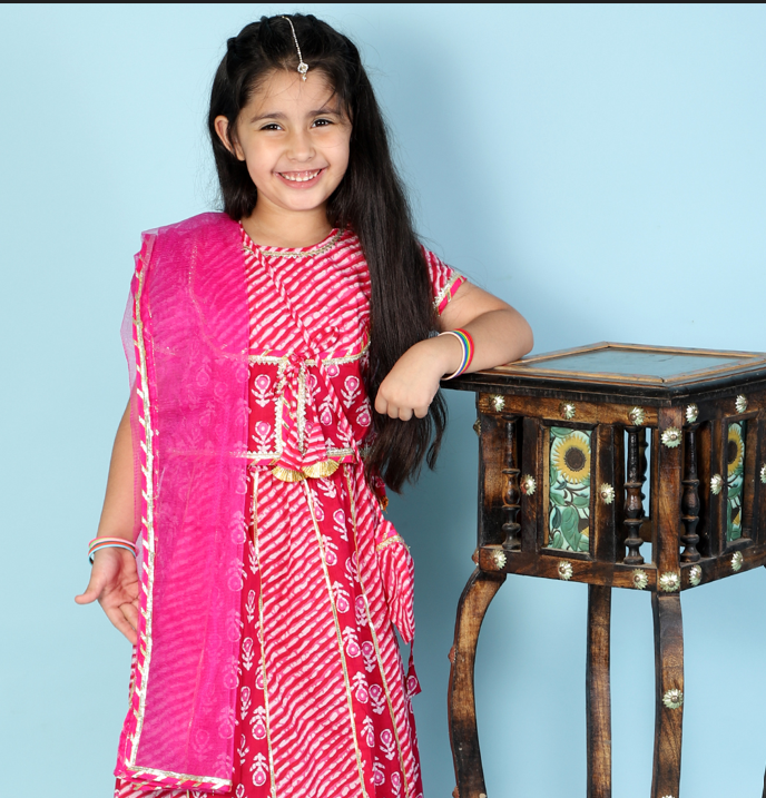 Bright Pink Baani Print Jaipuri Gotta Work Lehenga Choli & Dupatta - Mitthu Kids Ethnic Wear