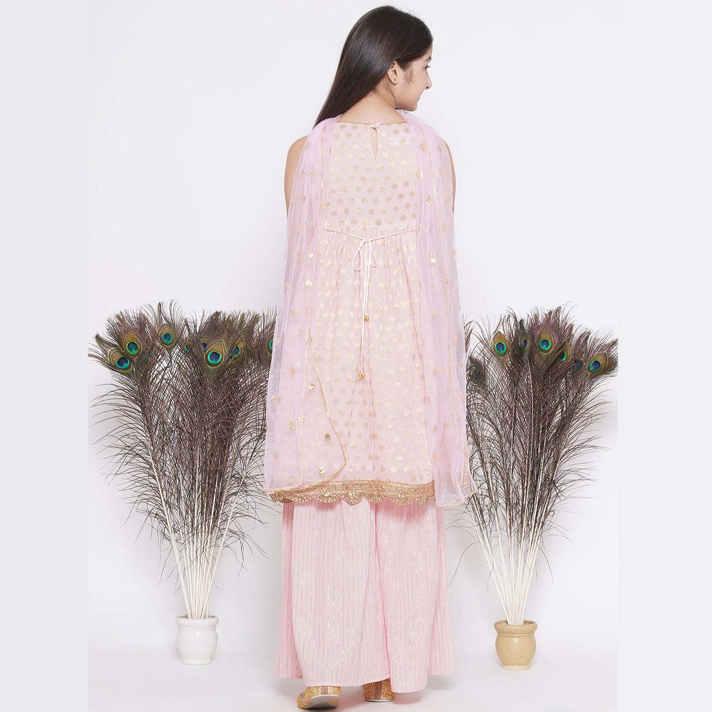 Banarsi Floral Work Frock Style Kurta With Golden Striped Sharara With Dupatta - Mitthu Kids Ethnic Wear