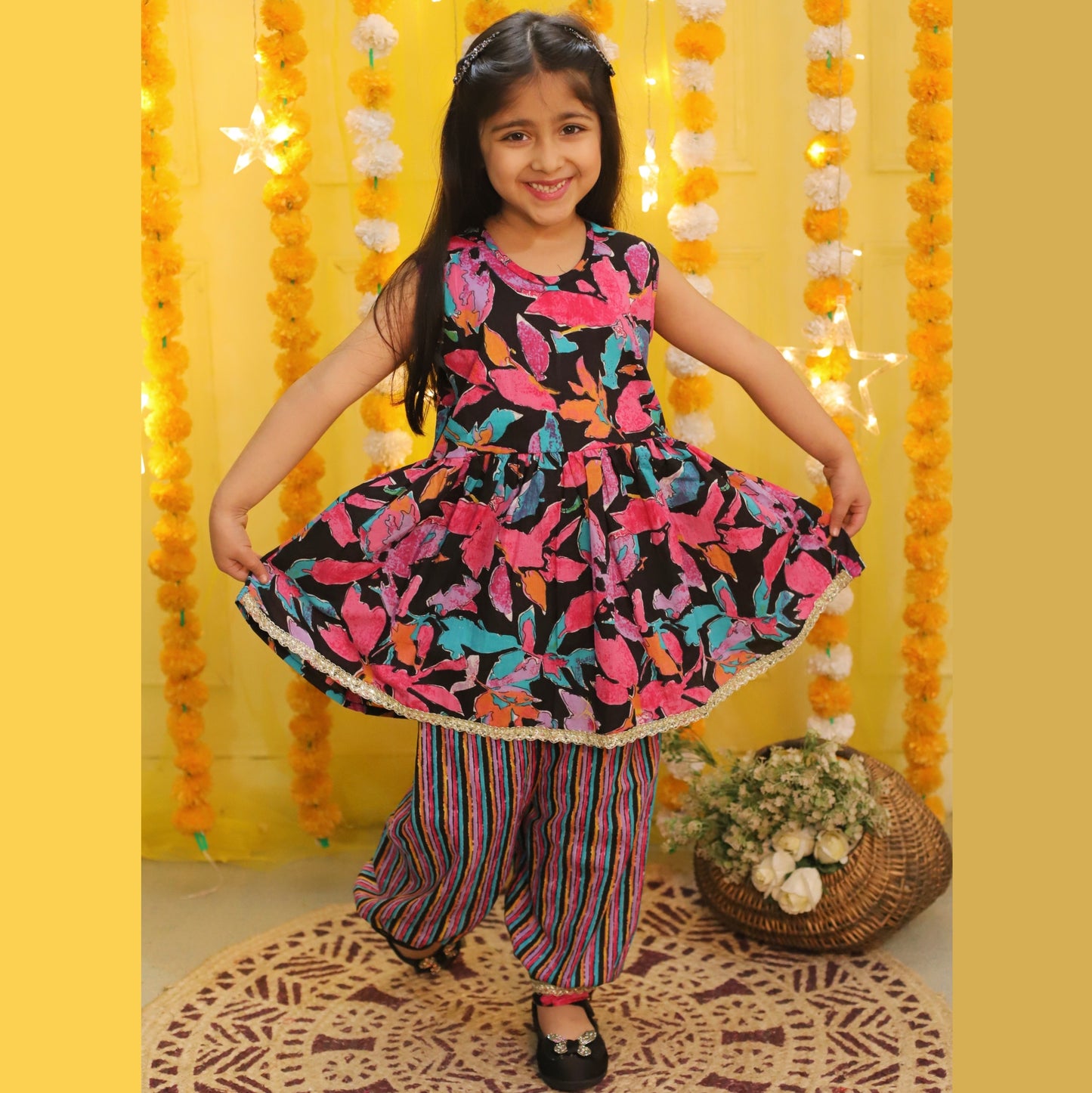 Girls Multicolor Floral Printed Kurta With Afghani Pants & Jacket & Dupatta - Mitthu Kids Ethnic Wear