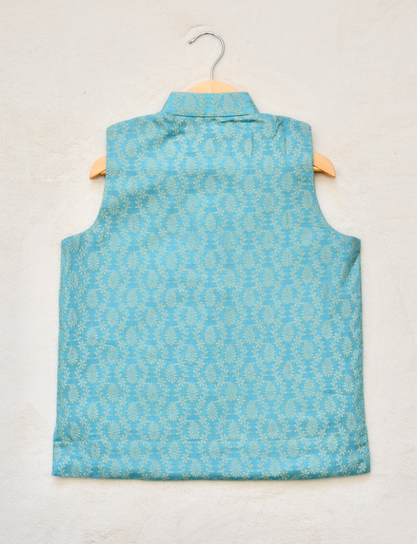 Boys Silk Nehru Jacket / Waistcoat- Light Blue & Gold - Mitthu Kids Ethnic Wear