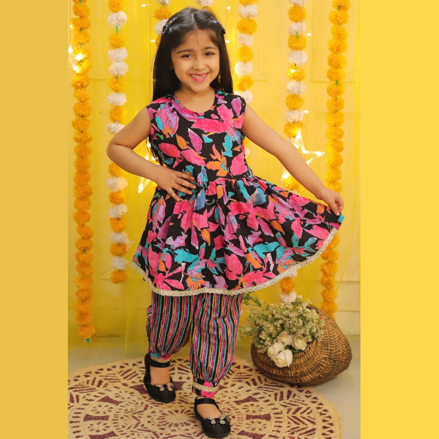 Girls Multicolor Floral Printed Kurta With Afghani Pants & Jacket & Dupatta - Mitthu Kids Ethnic Wear