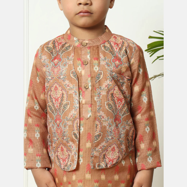 Boys Straight Style Kota Doria Fabric Brown Color Kurta and Pyjama With Attached Jacket - Mitthu Kids Ethnic Wear