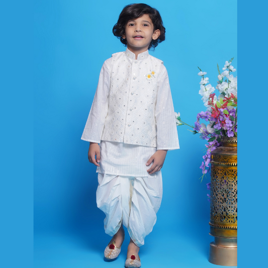Cream Embroidered Nehru Jacket Set - Mitthu Kids Ethnic Wear