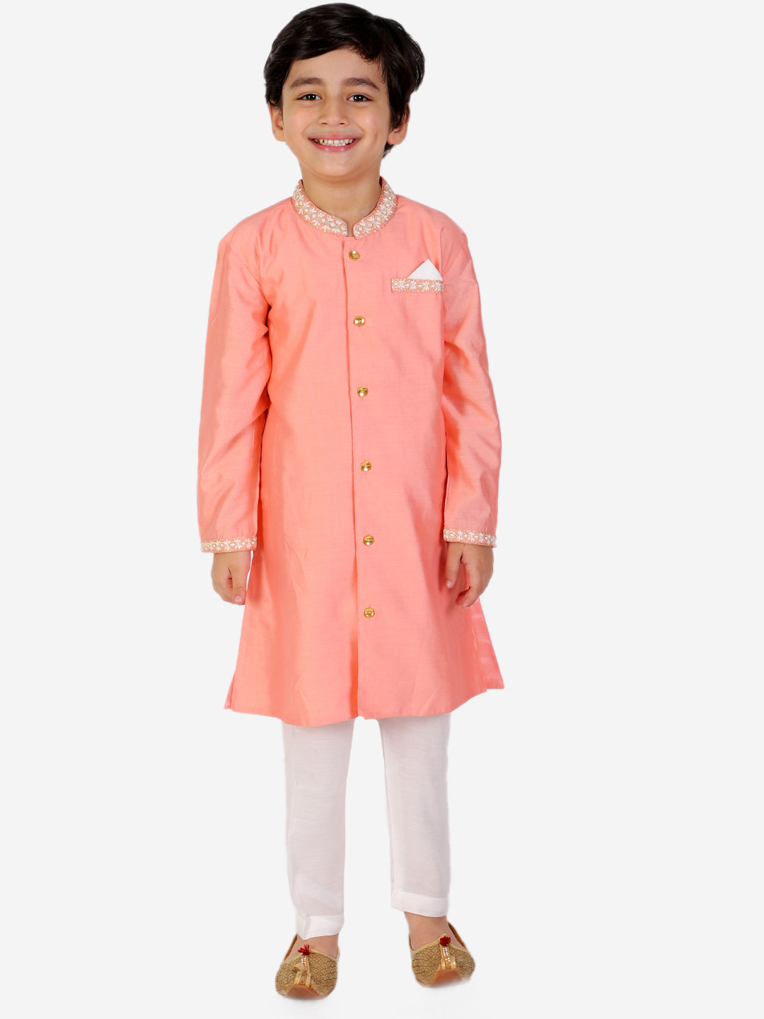 Peach Sherwani Style Kurta Pyjama - Mitthu Kids Ethnic Wear