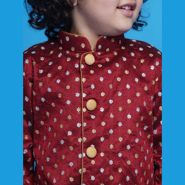 Chand Sitare Sherwani with Golden Buttons and Dhoti - Maroon - Mitthu Kids Ethnic Wear
