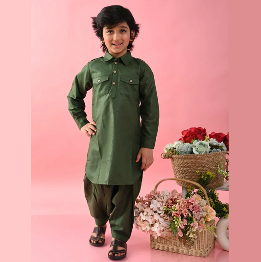 Boys Green Cotton Pathani Kurta Set - Mitthu Kids Ethnic Wear