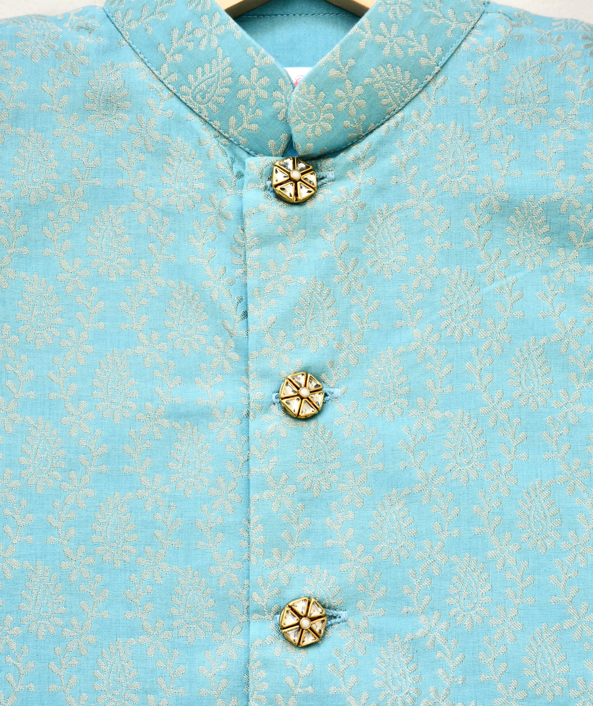 Boys Silk Nehru Jacket / Waistcoat- Light Blue & Gold - Mitthu Kids Ethnic Wear
