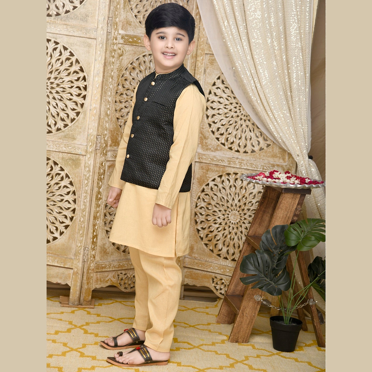Golden Cotton Kurta With Black Jaquard Jacket And Pyjama - Mitthu Kids Ethnic Wear