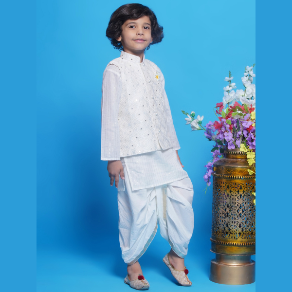 Cream Embroidered Nehru Jacket Set - Mitthu Kids Ethnic Wear