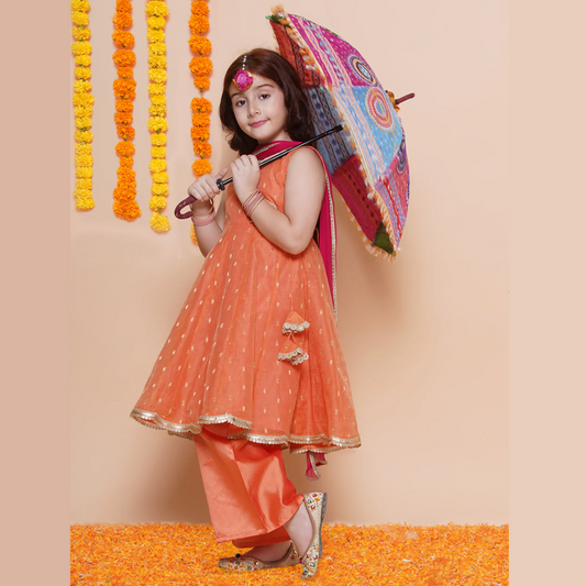 Girls Peach Orange Booti Angrakha Gotta Patti Kurta & Trousers set With Dupatta - Mitthu Kids Ethnic Wear