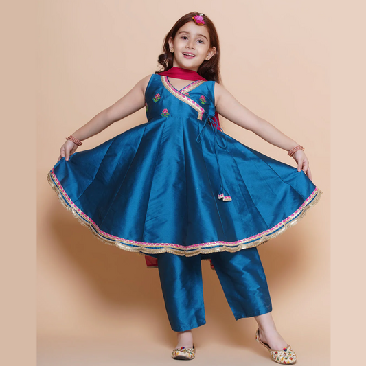 Girls Blue Embroidered Angrakha Kurta with Trousers set With Dupatta - Mitthu Kids Ethnic Wear