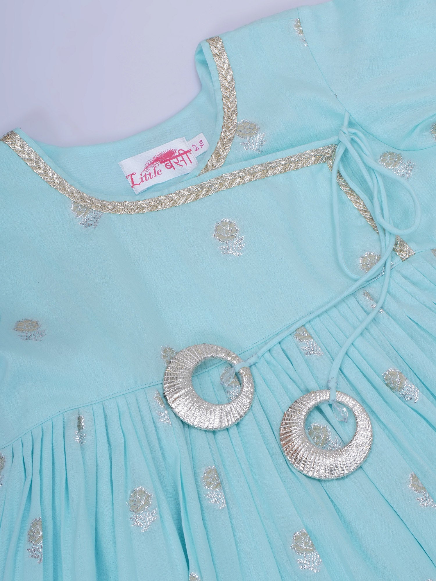 Girls Cotton Angrakha Kameez with Pyjami and Net Dupatta - Light Blue - Mitthu Kids Ethnic Wear
