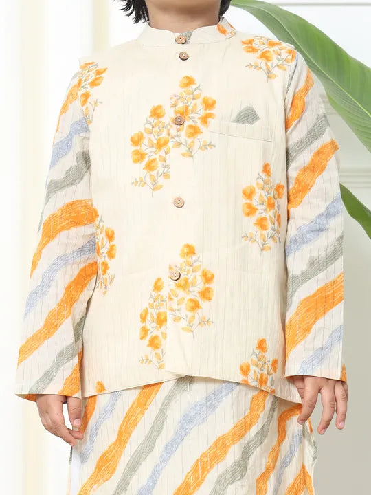Boys Cotton Kurta & Pyjama with Nehru jacket - Cream & Yellow - Mitthu Kids Ethnic Wear
