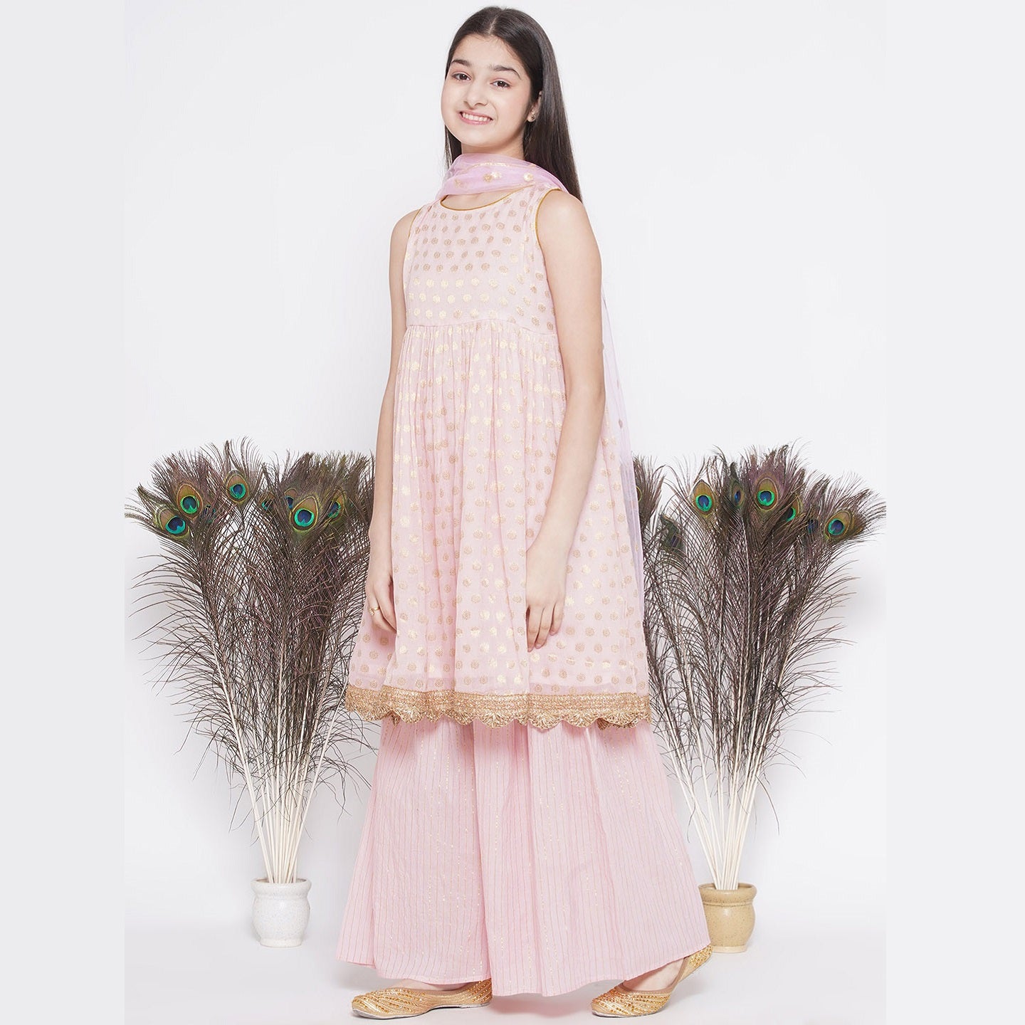 Banarsi Floral Work Frock Style Kurta With Golden Striped Sharara With Dupatta - Mitthu Kids Ethnic Wear