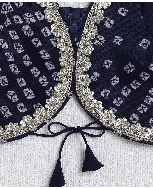 Girls Lehenga Choli With Dupatta- Bandhani Printed Navy Blue