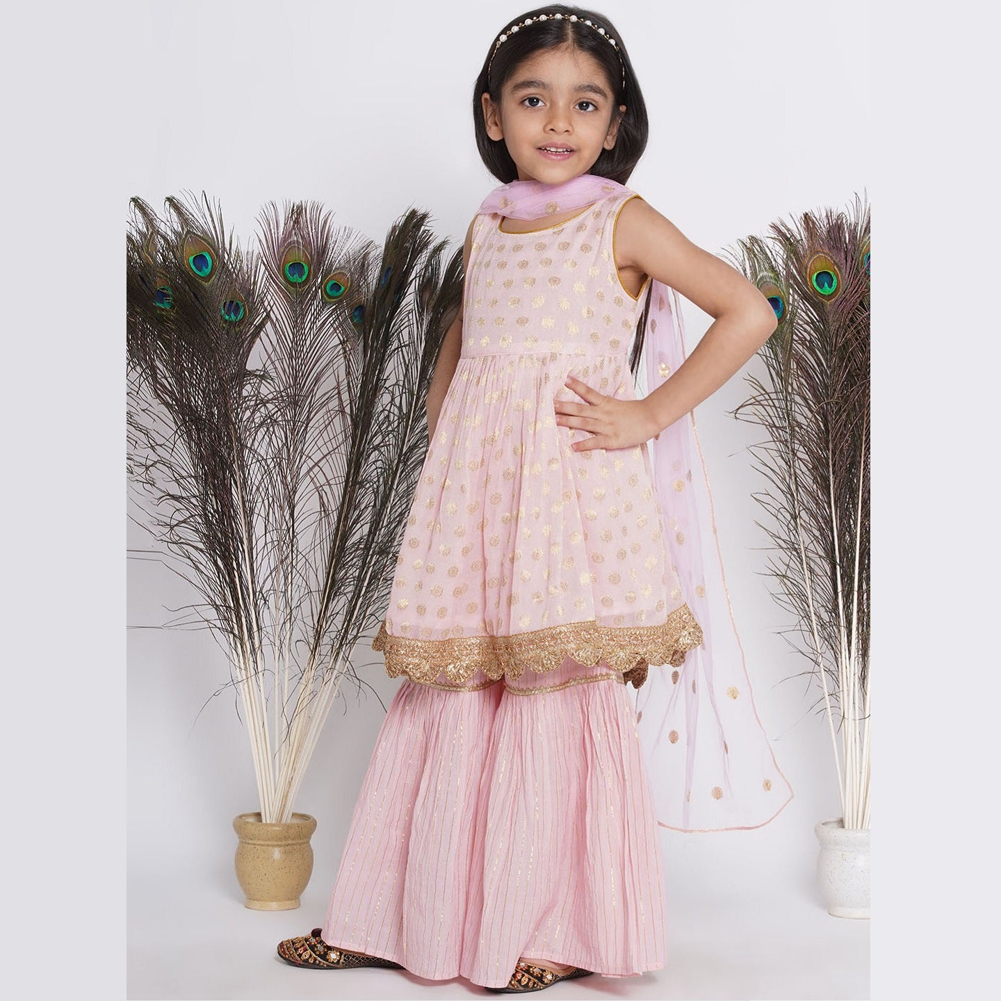 Banarsi Floral Work Frock Style Kurta With Golden Striped Sharara With Dupatta - Mitthu Kids Ethnic Wear