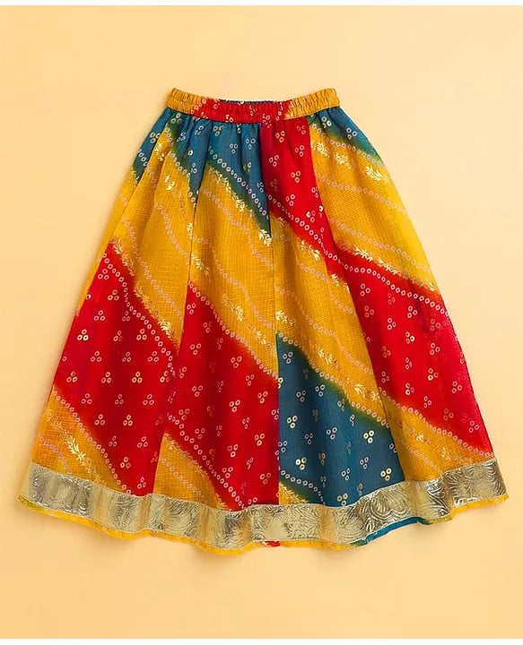 Girls Lehenga Choli With Dupatta- Bandhani Printed Multi Colour - Mitthu Kids Ethnic Wear