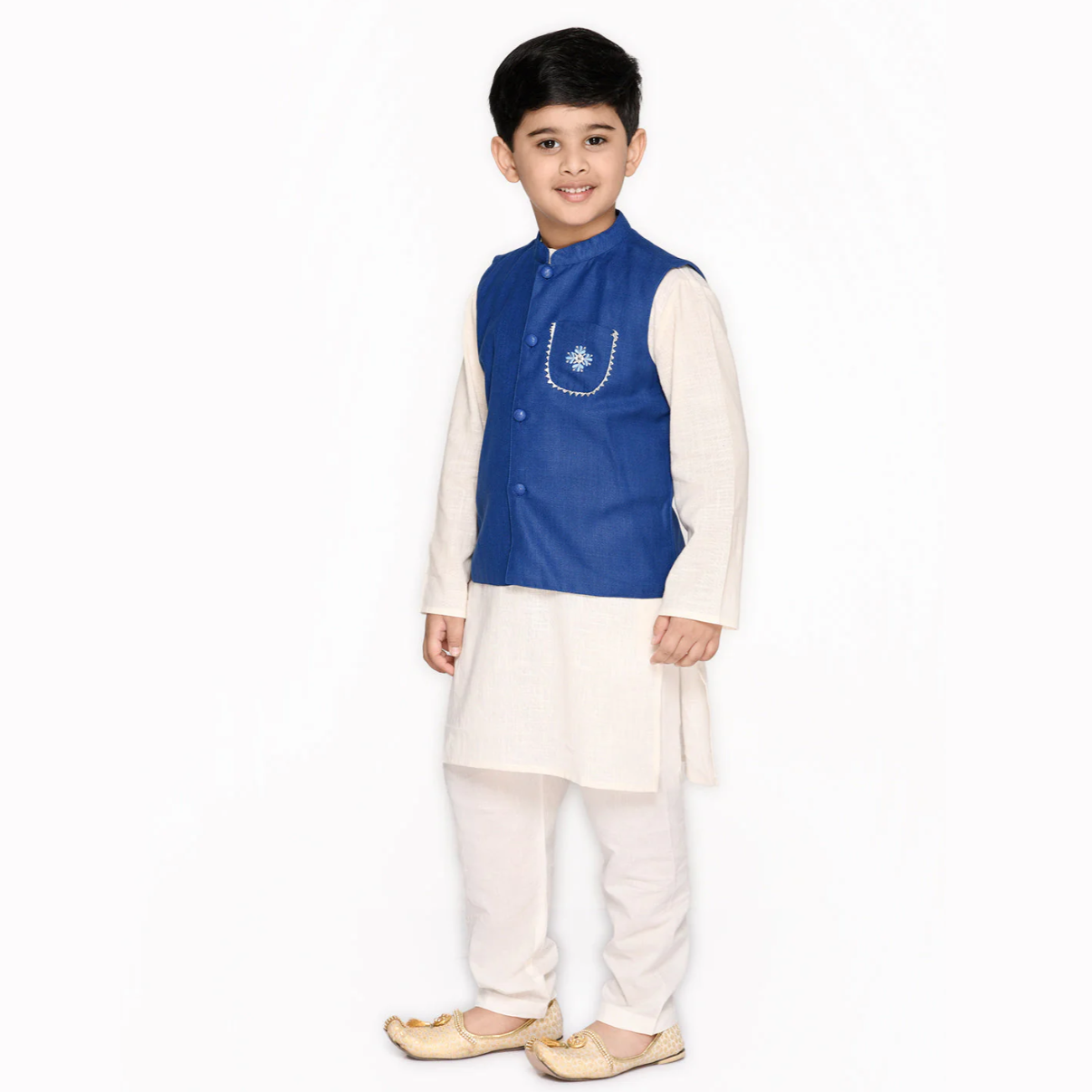 Blue & White Boys Cotton Kurta & Pyjama With Jacket - Mitthu Kids Ethnic Wear