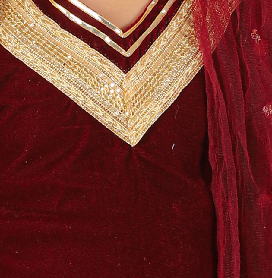 Girls Maroon & Gold Velvet Sharara Set with dupatta - Mitthu Kids Ethnic Wear