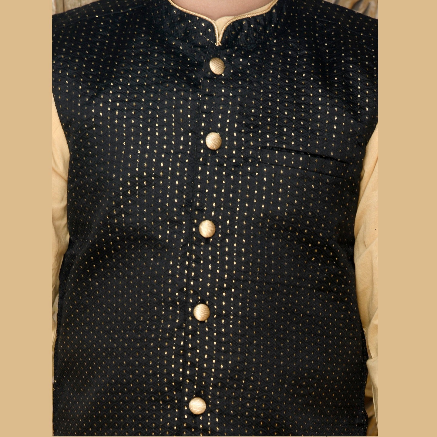 Golden Cotton Kurta With Black Jaquard Jacket And Pyjama - Mitthu Kids Ethnic Wear