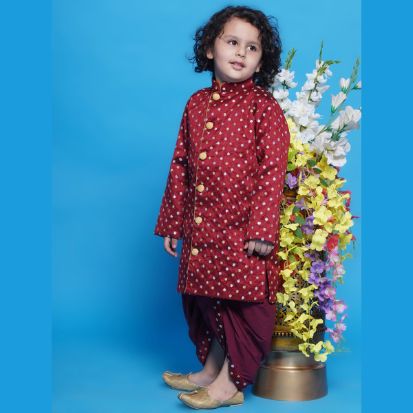 Chand Sitare Sherwani with Golden Buttons and Dhoti - Maroon - Mitthu Kids Ethnic Wear