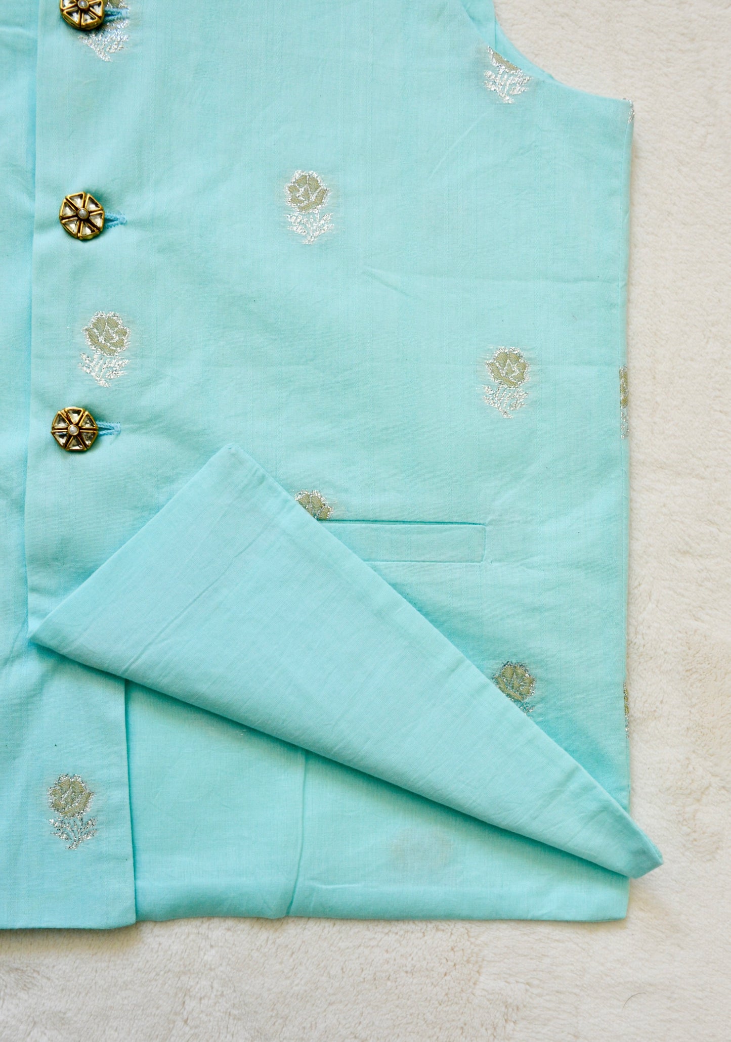 Cotton Nehru Jacket/Waistcoat - Light Blue & Silver - Mitthu Kids Ethnic Wear