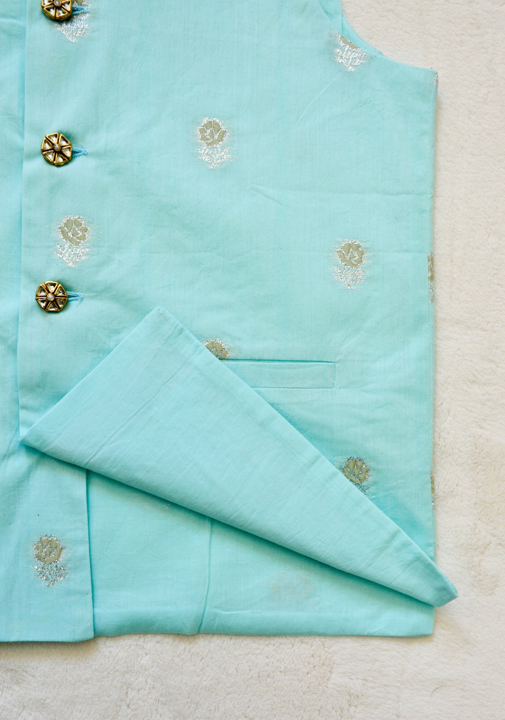 Cotton Nehru Jacket/Waistcoat - Light Blue & Silver - Mitthu Kids Ethnic Wear