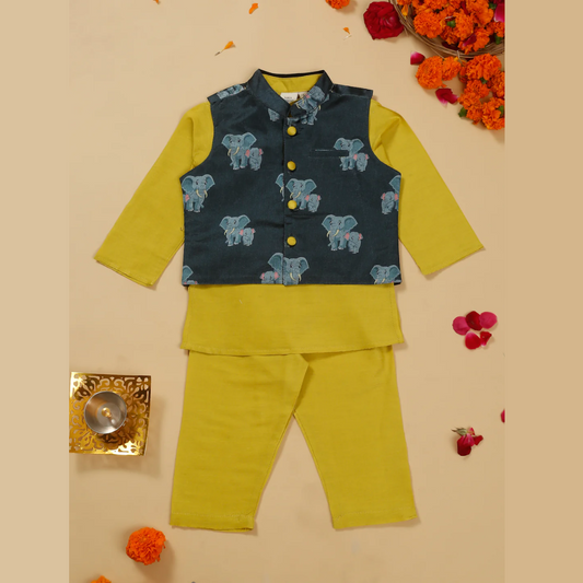 Boys' Lime Green Kurta Pajama With Blue Printed Jacket Ensemble - Infant