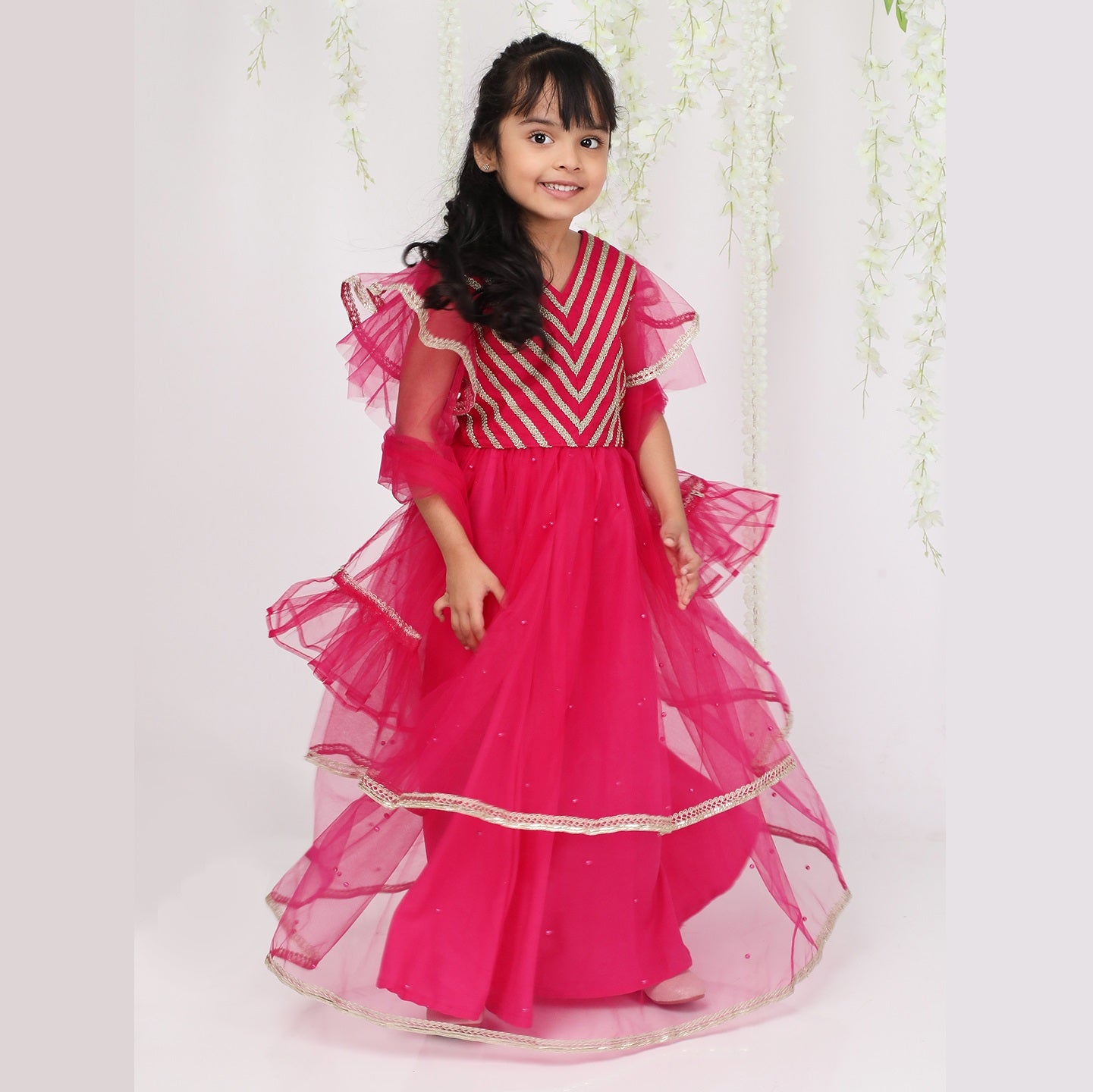 Hot Pink & Gold Choli With Lehenga  & Dupatta - Mitthu Kids Ethnic Wear