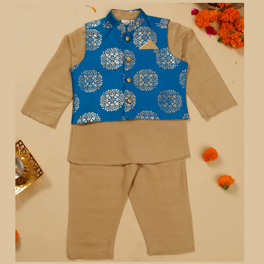 Boys' Beige Kurta Pajama With Blue Printed Jacket Ensemble - Mitthu Kids Ethnic Wear