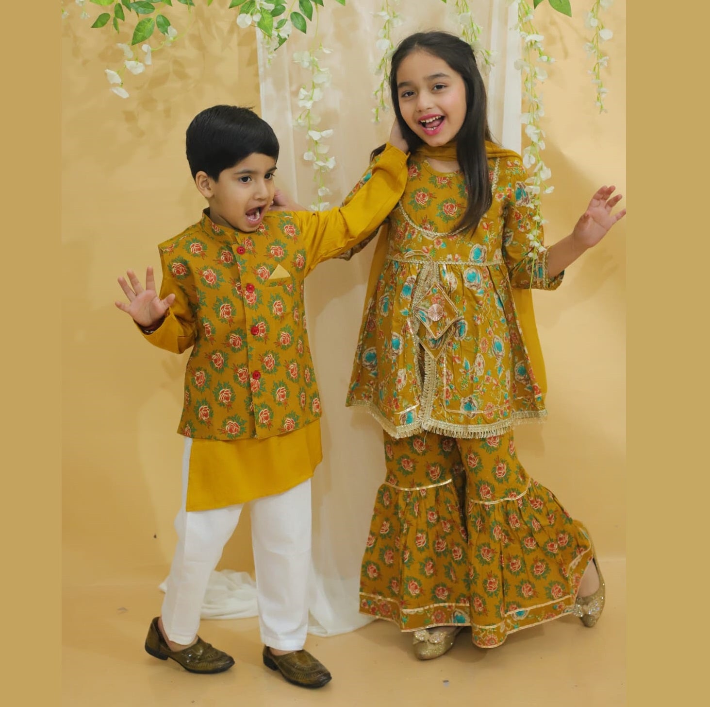 Boys Mustard Yellow Kurta, Pyjama with Printed Jacket - Mitthu Kids Ethnic Wear