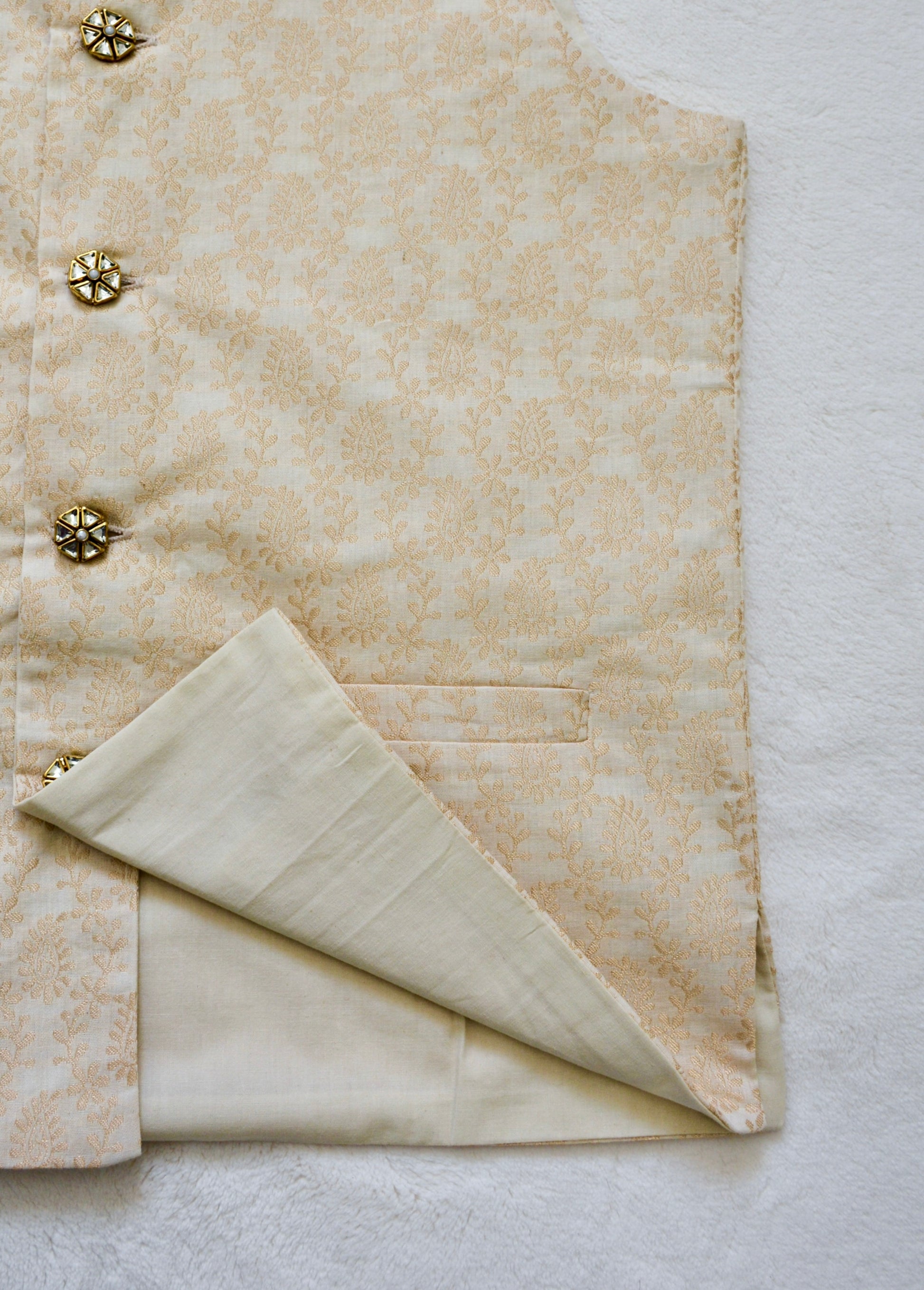 Boys Brocade Nehru Jacket / Waistcoat- Royal Cream & Gold - Mitthu Kids Ethnic Wear
