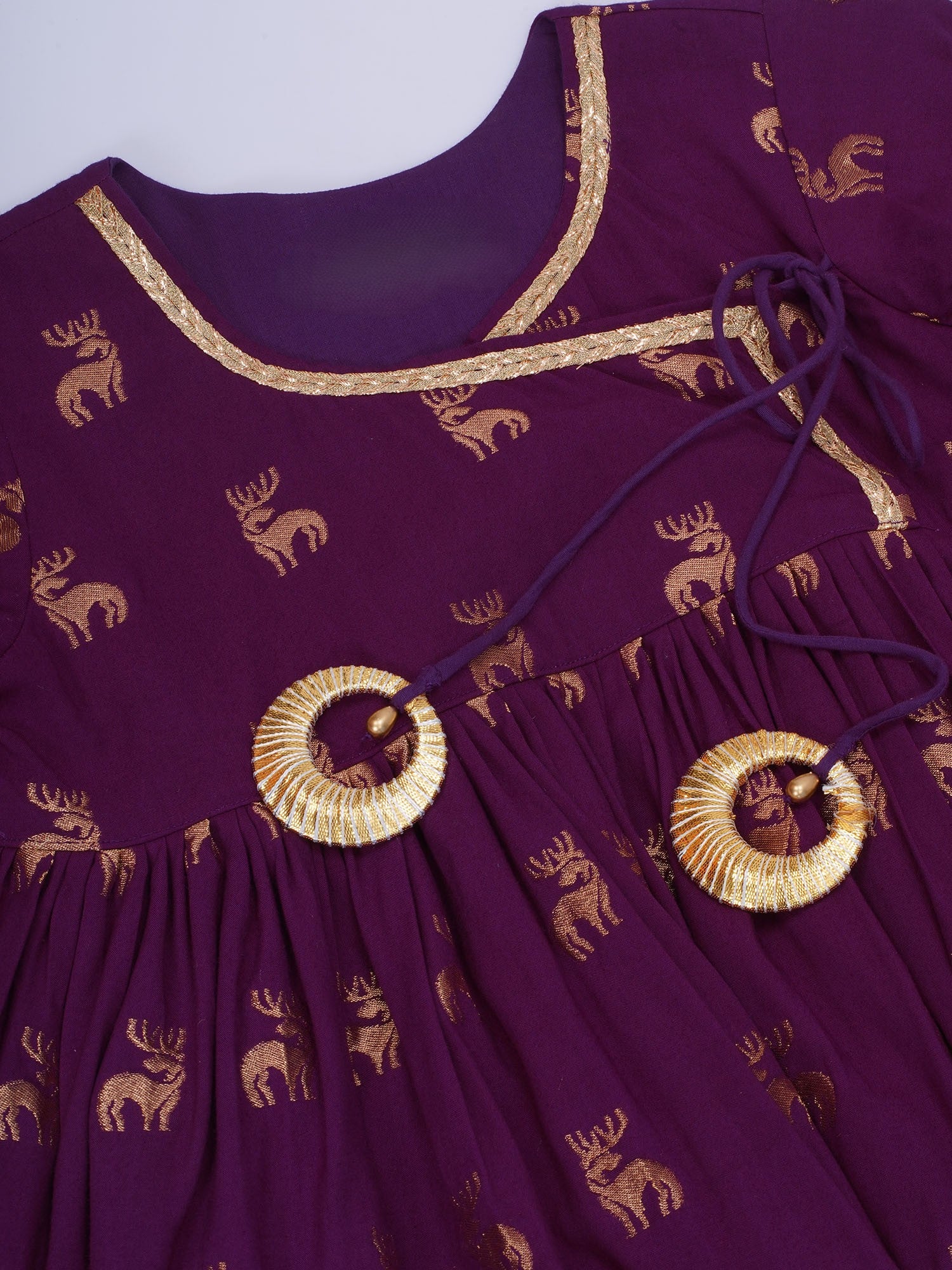 Girls Cotton Angrakha Kameez with Pyjami and Net Dupatta - Purple - Mitthu Kids Ethnic Wear