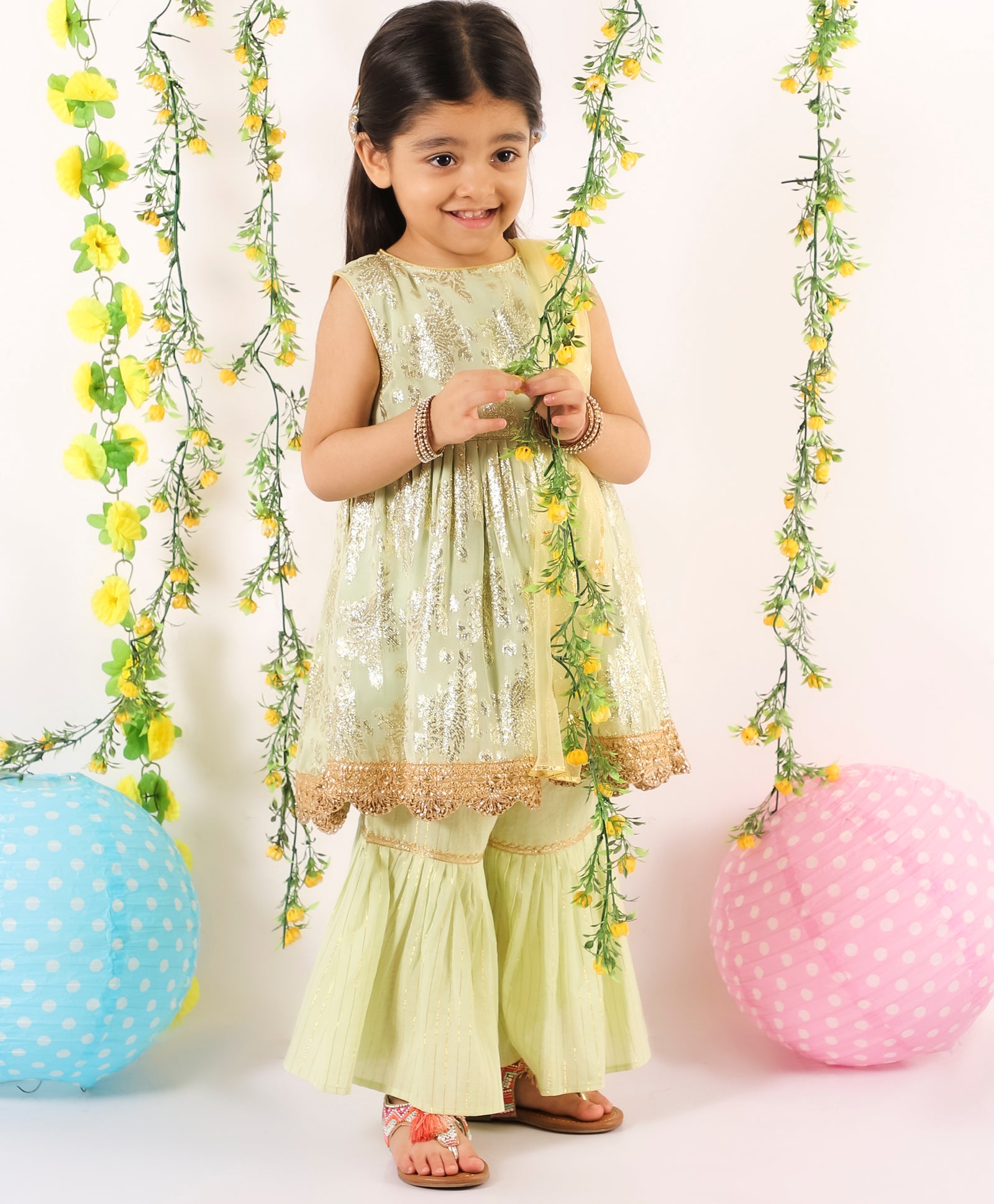 Banarsi Sharara Set with Dupatta - Pastel Green & Gold - Mitthu Kids Ethnic Wear