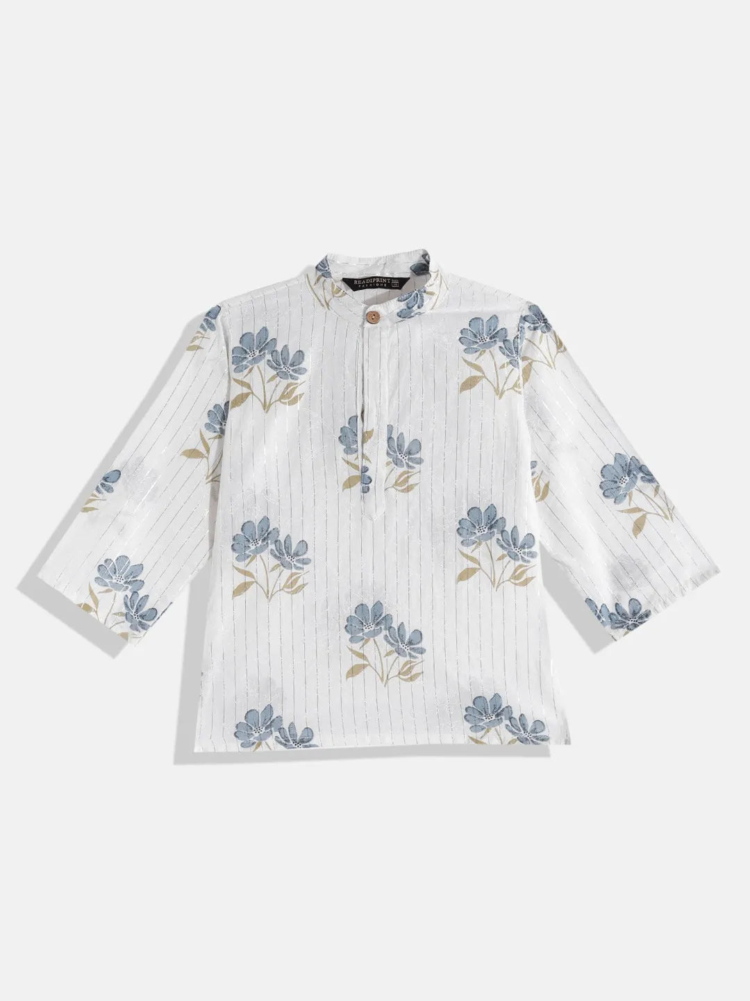 White & Blue Printed Kurta With Jacket/Waistcoat & Pyjama - Mitthu Kids Ethnic Wear