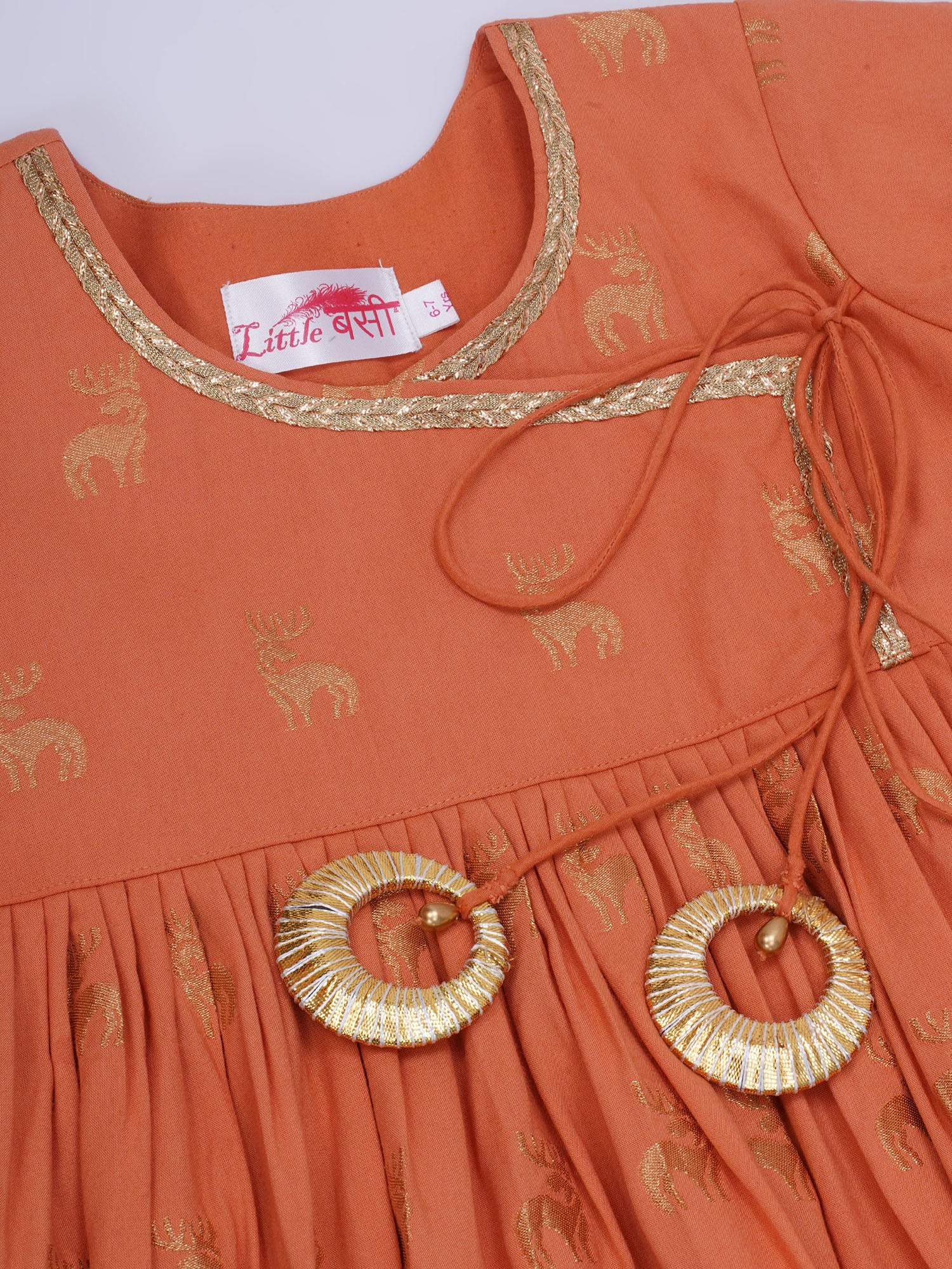 Girls Cotton Angrakha Kameez with Pyjami and Net Dupatta - Orange - Mitthu Kids Ethnic Wear