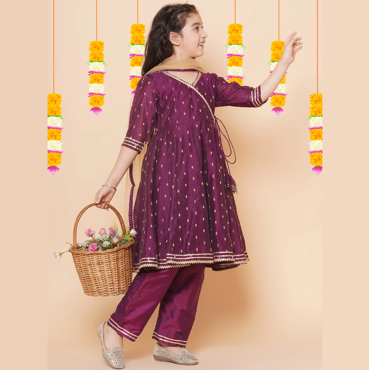 Girls Burgundy self design Angrakha Gotta Patti Kurta & Trousers set With Dupatta - Mitthu Kids Ethnic Wear