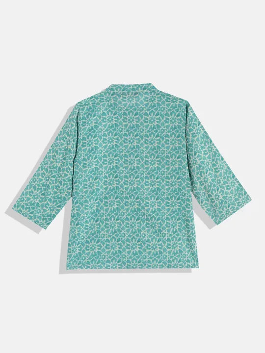 Boys Straight Style Cotton Kurta & Pyjama with Nehru jacket - Turquoise - Mitthu Kids Ethnic Wear