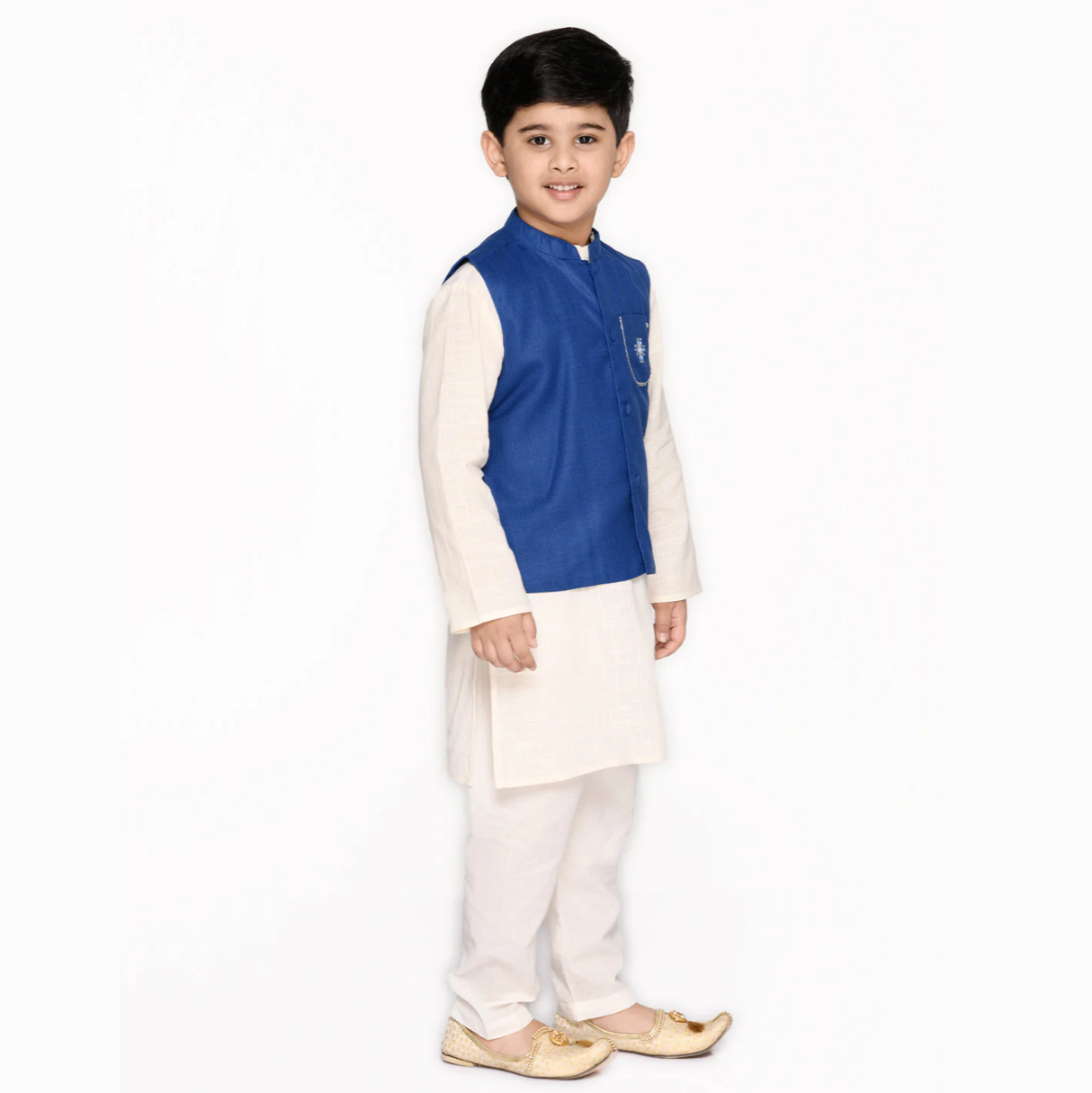 Blue & White Boys Cotton Kurta & Pyjama With Jacket - Mitthu Kids Ethnic Wear