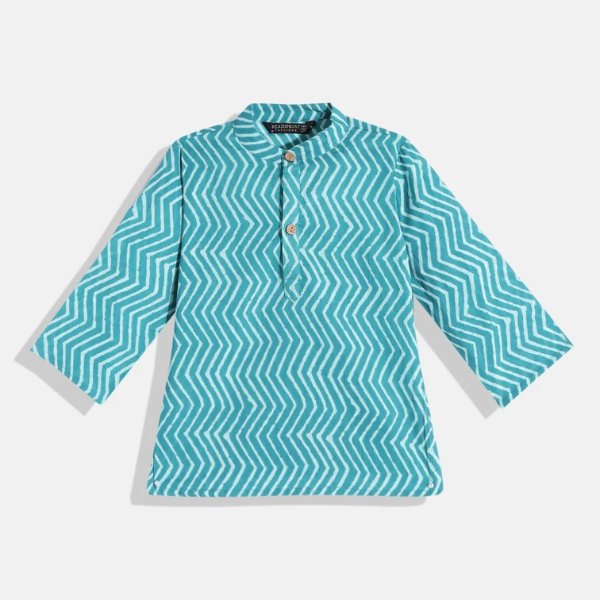 Boys Cotton Fabric Turquoise Blue Color Printed Kurta With Nehru Jacket and White Pyjama - Mitthu Kids Ethnic Wear