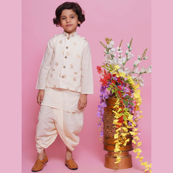 Boys Cotton Full Sleeves Ambi Embrodiery Nehru Jacket with Kurta and Dhoti - Cream - Mitthu Kids Ethnic Wear