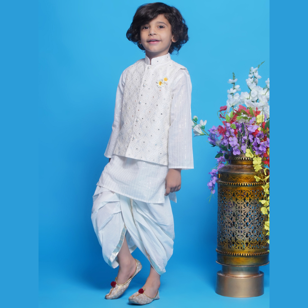 Cream Embroidered Nehru Jacket Set - Mitthu Kids Ethnic Wear