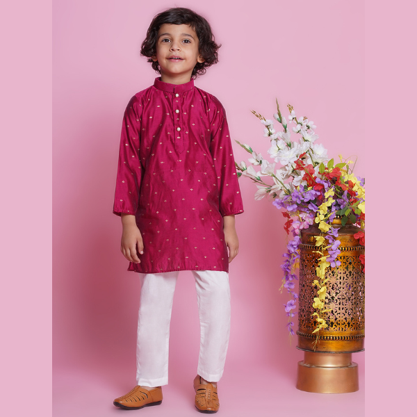 Cotton Silk Full Sleeves Zari Embroidered Kurta with Pyjama -Hot Pink - Mitthu Kids Ethnic Wear