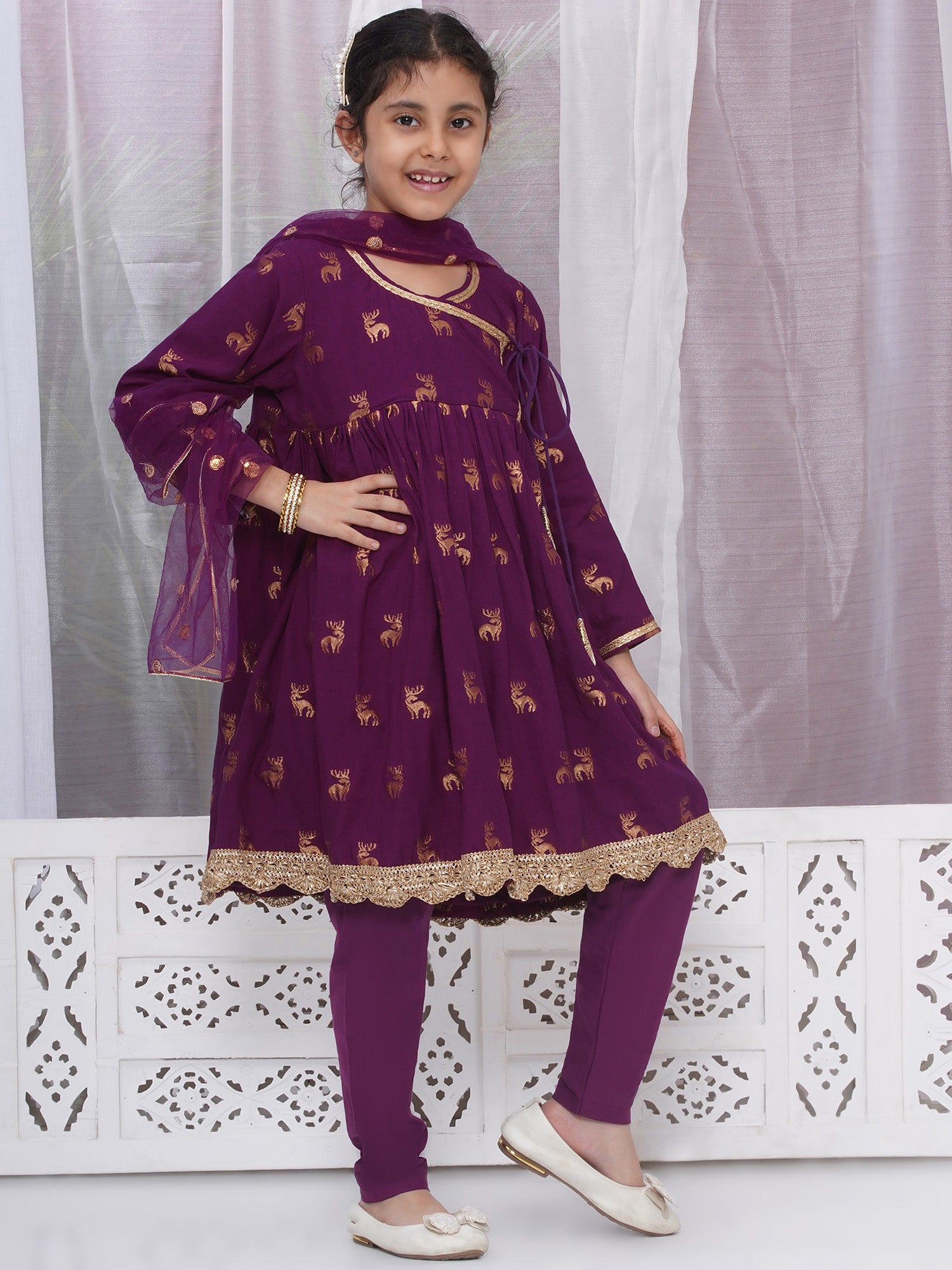 Girls Cotton Angrakha Kameez with Pyjami and Net Dupatta - Purple - Mitthu Kids Ethnic Wear