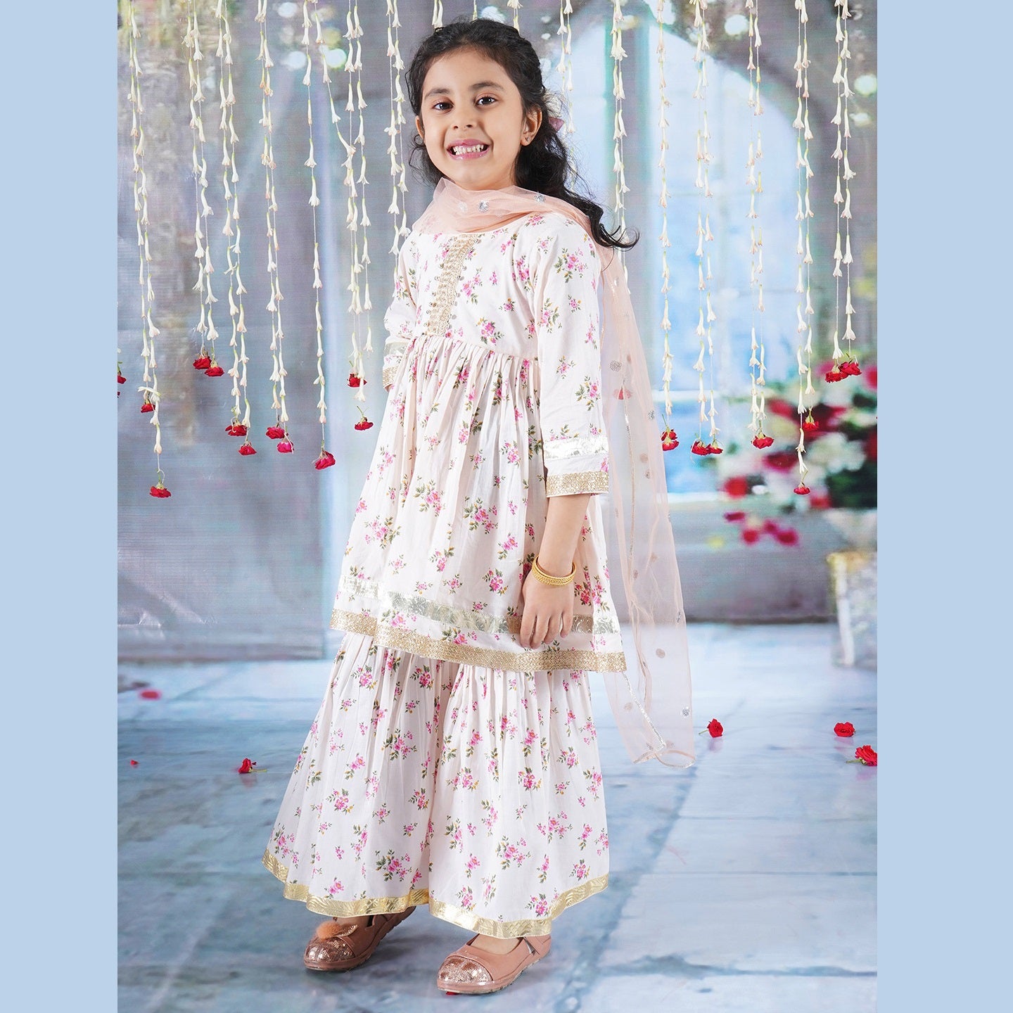 Girls Cotton Kurta Sharara and Dupatta with Floral Print - Beige Pink - Mitthu Kids Ethnic Wear